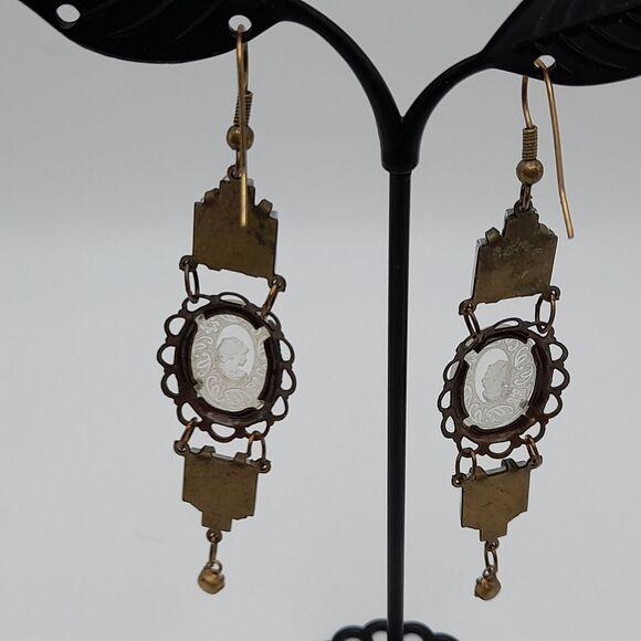 Art Deco Vauxhall Glass Reverse Carved Earrings , 3 1/2 In - Picture 2 of 12